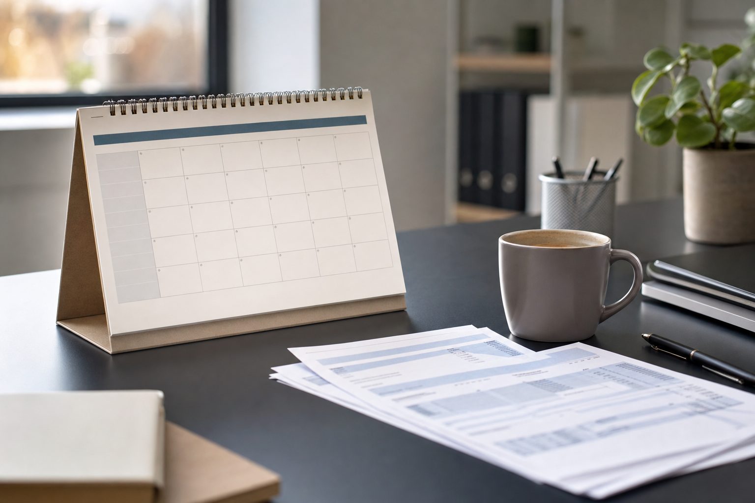 Tischkalender neben einer Lohnabrechnung und einer Kaffeetasse auf einem Schreibtisch