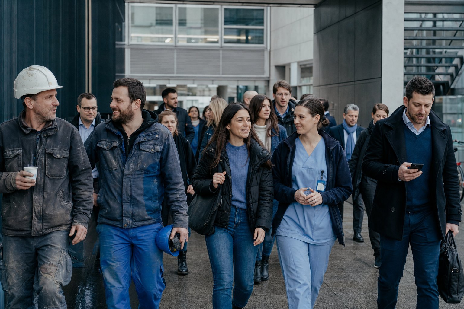 Gemischte Gruppe von Angestellten aus Bau, Gesundheitswesen und Büro auf dem Weg zur Arbeit