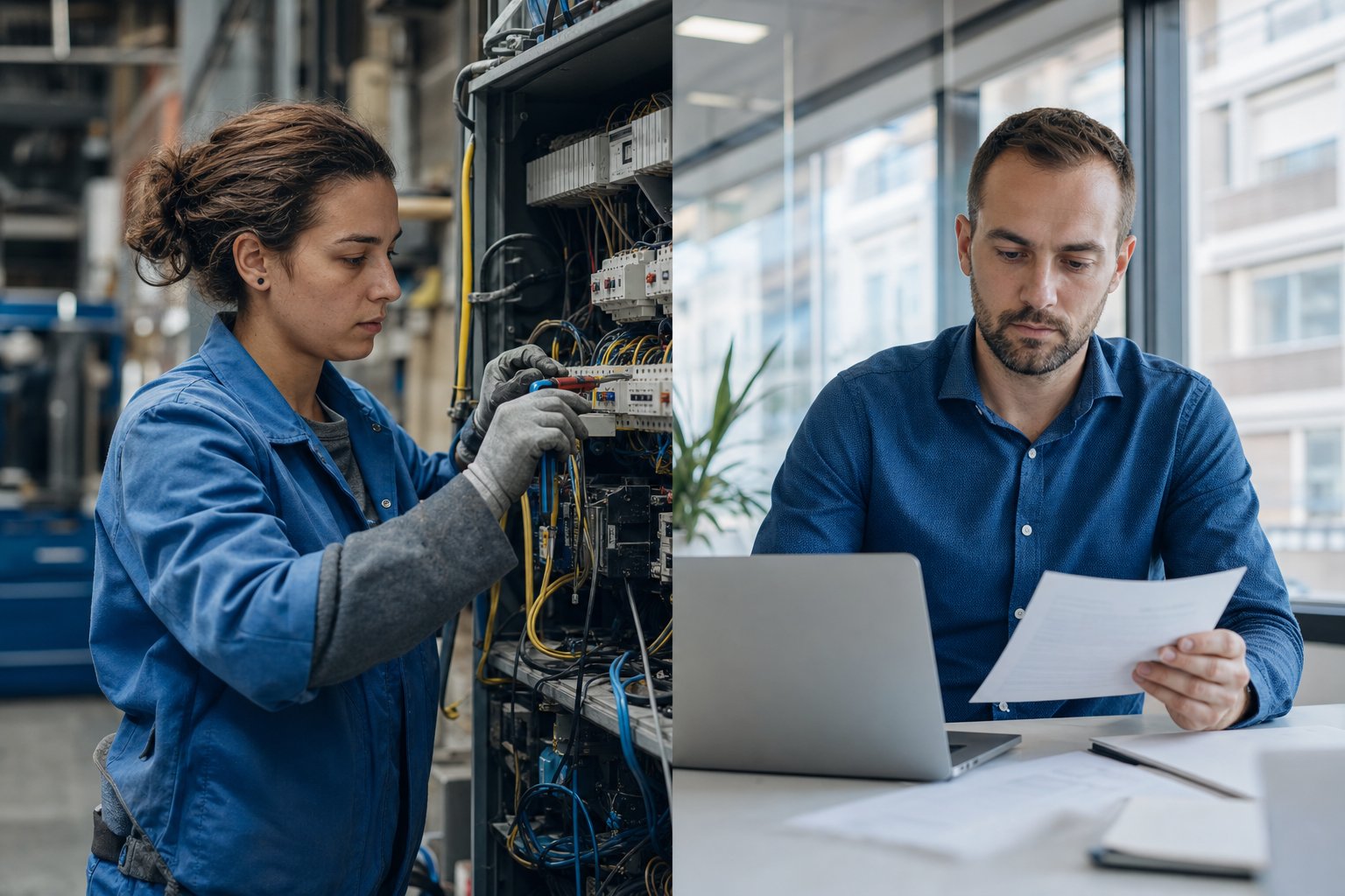 Split-Bild: Handwerkerin bei der Arbeit und Büroangestellter am Schreibtisch